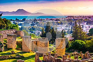 View from hill Byrsa with ancient remains of Carthage and landscape.