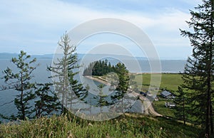 View from the hill on the Katun village near the Chivyrkuisky Bay of Lake Baikal, Svyatoy Nos  `Holy Nose` Peninsula