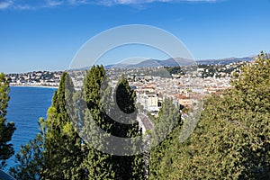 View from the hill `Mont Boron` over the bay in front of Nice on the French Riviera