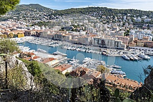 View from the hill `Mont Boron` to a harbor in Nice on the French Riviera