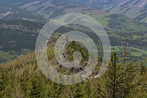 View from hill near Giant rocks in Jeseniky mountains in spring day