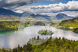 View from the hill Ojstrica to the most famous place in Slovenia Blejski Otok