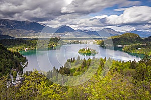 View from the hill Ojstrica to the most famous place in Slovenia Blejski Otok