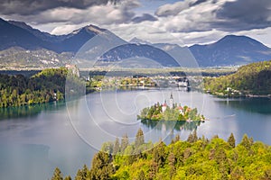 View from the hill Ojstrica to the most famous place in Slovenia Blejski Otok