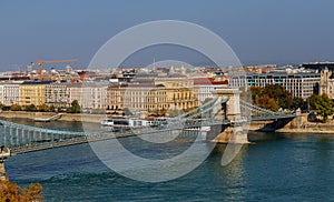 The view from the hill to the chain bridge in Budapest the Danube river. General panorama of the city