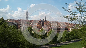 View from the hill to Prague and the TV tower. Orange tiled roofs. Czech Republic