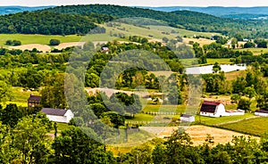 View of hills and farmland in Virginia's Piedmont, seen from Sky Meadows State Park