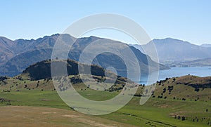 A view at the hills at the Lake Wanaka in New Zealand