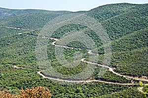 The view of hills landscape of Sithonia with roads