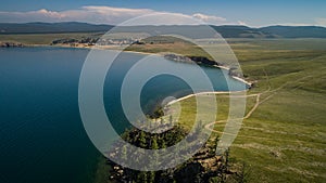 View of Hills and Mountains on Olhon Island, Lake Baikal, Russia, Aerial