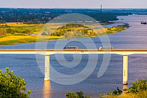 View of hills and steppe and a modern bridge over upper river Don in Russia