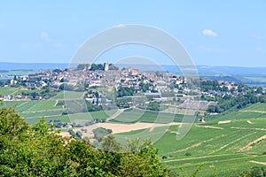 View on hilly Sancerre Chavignol appellation vineyards, Cher department, France, overlooking iver Loire valley, noted for its