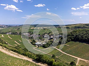 View on hilly Sancerre Chavignol appellation vineyards, Cher department, France, overlooking iver Loire valley, noted for its