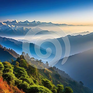 View of the Himalayan mountain range from the Khalia Top Trek trail with outlines of the mountains visible through the