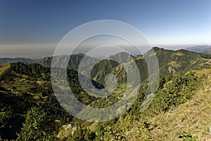 View of a Himalayan mountain ranges and valley
