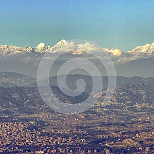 A view of the Himalayas across the Kathmandu valley in Nepal