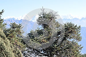 View of the Himalayas mountain range in the Langtang National Park of Nepal