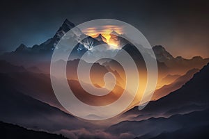 View of the Himalayas sunset night ,Mt Everest visible through the fog Generative AI