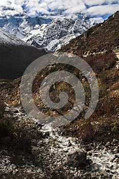 View of the Himalayas from the village of Pangboche