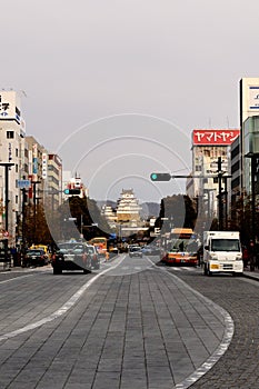 View of Himeji Castle at the bottom of the main street of the city