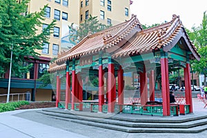 View of Hing Hay Park with pavilion built in Seattle Chinatown