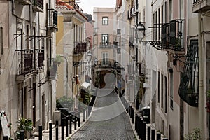 View of historic apartment buildings in Lisbon, Portugal. Neighborhood of Moorish, also known as Mouraria