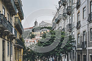 View of historic apartment buildings in Lisbon, Portugal. Neighborhood of Moorish, also known as Mouraria