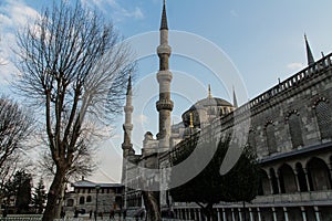 View of the historic Blue Mosque in Istanbul at sunset. Turkey