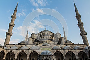 View of the historic Blue Mosque in Istanbul at sunset. Turkey