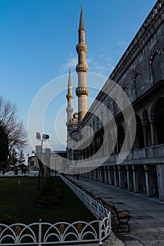 View of the historic Blue Mosque in Istanbul at sunset. Turkey