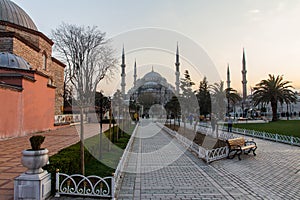 View of the historic Blue Mosque in Istanbul at sunset. Turkey