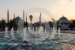 View of the historic Blue Mosque in Istanbul at sunset. Turkey