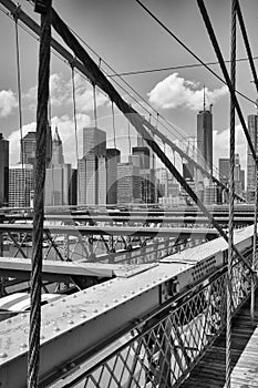 View from historic Brooklyn Bridge to New York City, New York,