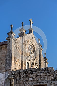 View of historic building in ruins, convent of St. Joao of Tarouca, front facade detail of Romanesque church