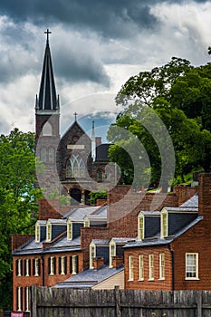 View of historic buildings and St. Peters Roman Catholic Church, in Harpers Ferry, West Virginia.