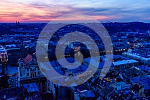 View on a historic center of Lviv at sunset. View on Lvov cityscape from the town hall