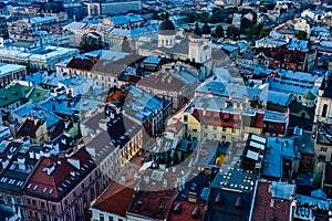 View on a historic center of Lviv at sunset. View on Lvov cityscape from the town hall