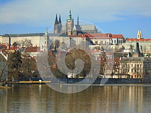 View of historic city Prague, nice old landmarks and buildings, roofs and towers. Czech Republic, Europe