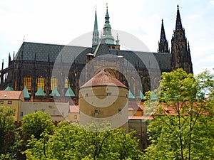 View of historic city Prague, nice old landmarks and buildings, roofs and towers. Czech Republic, Europe