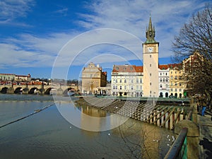 View of historic city Prague, nice old landmarks and buildings, roofs and towers. Czech Republic, Europe