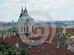 View of historic city Prague, nice old landmarks and buildings, roofs and towers. Czech Republic, Europe