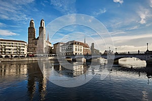 View of historic city of Zurich. Grossmunster Church and Munster