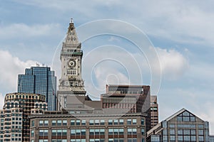 View of the historic Custom House skyscraper clock tower in skyline of Boston Massachusetts USA
