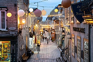 View of historic lower Quebec City in Canada seen at night