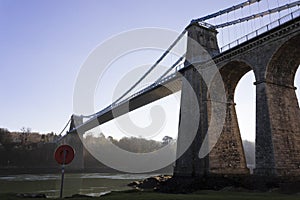 View of the historic Menai Suspension Bridge, Isle of Anglesey, Wales