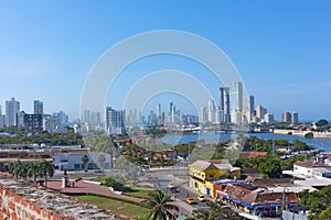 A view on historic and modern Cartagena de Indies of Colombia from San Filipe de Barajas Castle.