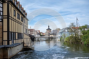 View of historic old town and Regnitz river in Bamberg, Germany