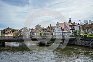 View of historic old town and Regnitz river in Bamberg, Germany