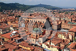 View of the historic part of the city with Basilica di San Petronio, Piazza Maggiore and church in Bologna