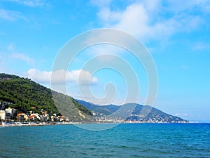 View of the historic resort cities of Laigueglia and Alassio, famous cities on italian Riviera, Alassio, western Liguria, Italy